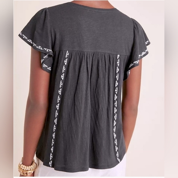 ANTHROPOLOGY Embroidered Flutter Sleeve Tassel-Tie Knit Peasant Top - Picture 3 of 8